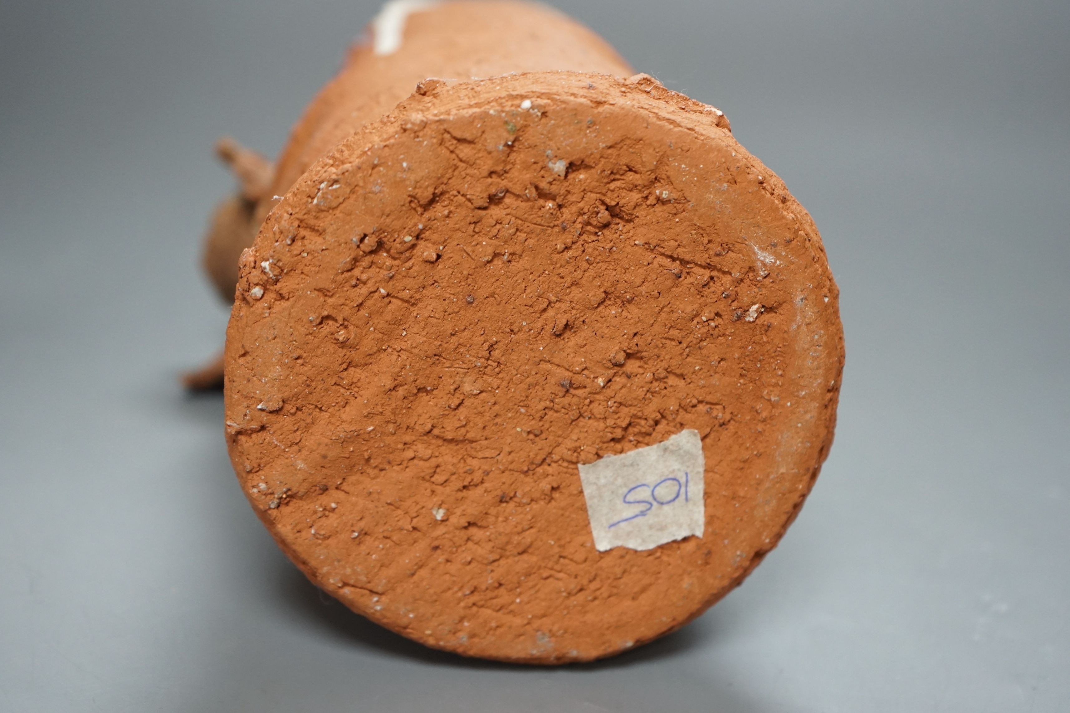 Peter Smith, a thrown terracotta cylindrical vessel with white glaze to the interior and brown nose vessel, with original purchase receipt, impressed mark to base rim, 26.5cm tall